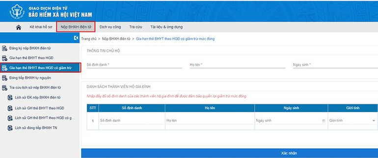 Màn hình nhập thông tin gia hạn thẻ bảo hiểm y tế.