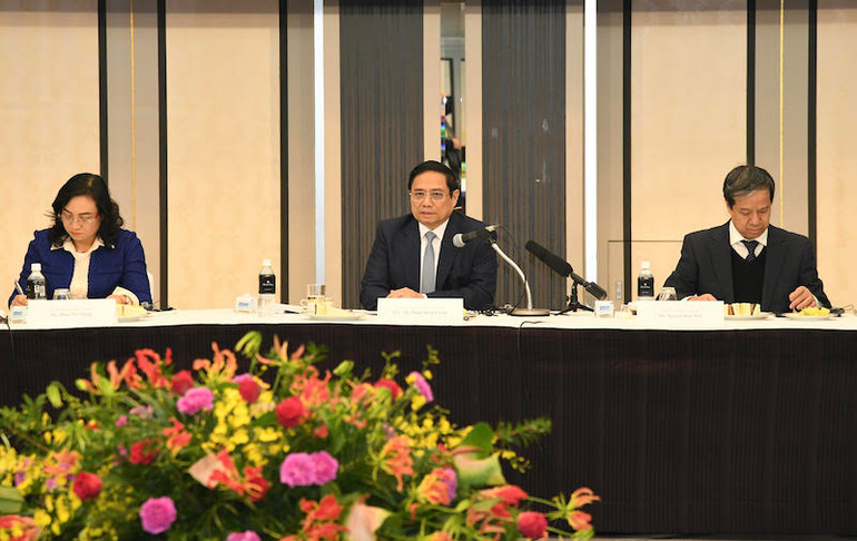 Thủ tướng Phạm Minh Chính phát biểu ý kiến tại cuộc làm việc với các tập đoàn hàng đầu của Nhật Bản về vi mạch bán dẫn. (Ảnh: THANH GIANG)