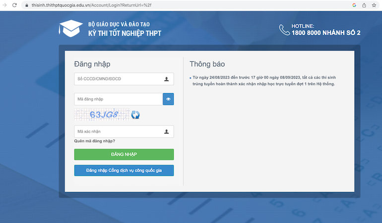 Giao diện trang xác nhận nhập học trực tuyến