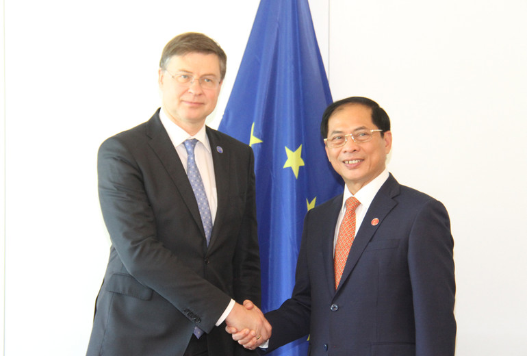 Bộ trưởng Ngoại giao Bùi Thanh Sơn gặp Phó Chủ tịch Ủy ban châu Âu Valdis Dombrovskis. (Ảnh: KHẢI HOÀN)