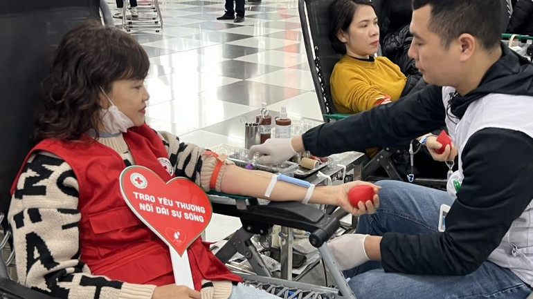 Tình nguyện viên Chữ thập đỏ tham gia hiến máu.