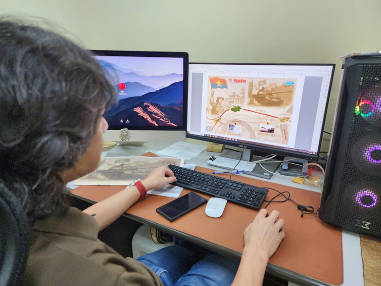 Nhân viên chế bản nhà in Báo Nhân Dân xử lý file cho ấn phẩm phụ san đặc biệt kỷ niệm 50 năm Ngày Giải phóng miền nam, thống nhất đất nước Nhân viên chế bản nhà in Báo Nhân Dân xử lý file cho ấn phẩm phụ san đặc biệt kỷ niệm 50 năm Ngày Giải phóng miền nam, thống nhất đất nước