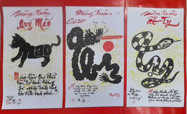 Các bức thư pháp hình linh vật của năm Quý Mão, Giáp Thìn, Ất Tỵ viết theo lối “Vật điểu thư”