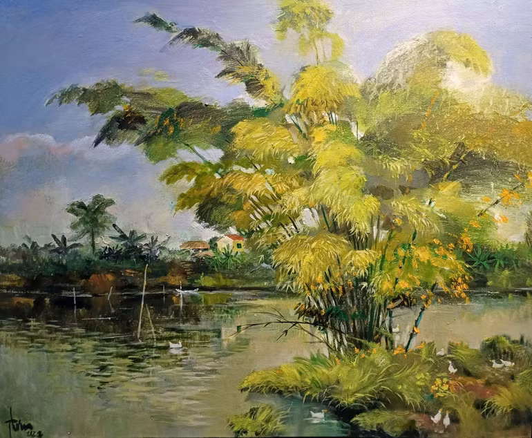 Nét quê bình dị trong tranh Quỳnh Thơm.