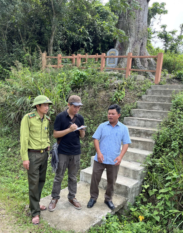 Nhà văn Nguyễn Xuân Thủy (giữa) trao đổi với các nhân vật về chủ đề cây di sản.