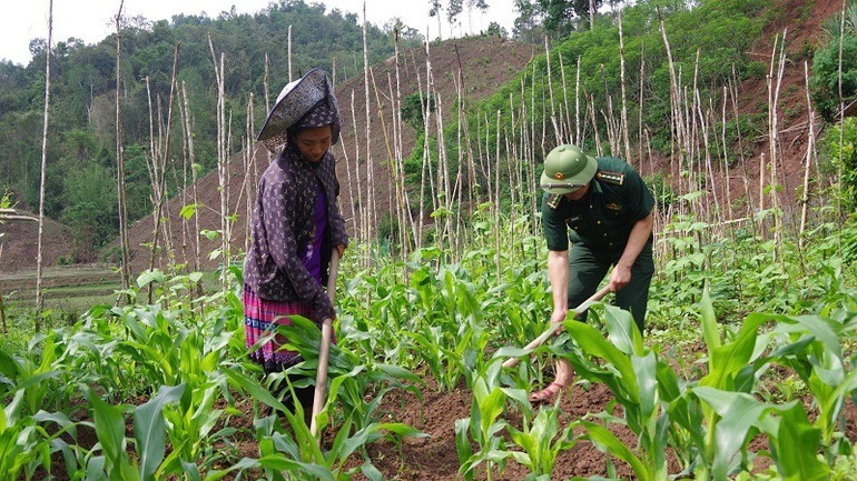 Chiến sĩ Đồn Biên phòng Na Cô Sa giúp nhân dân trên địa bàn phát triển sản xuất.