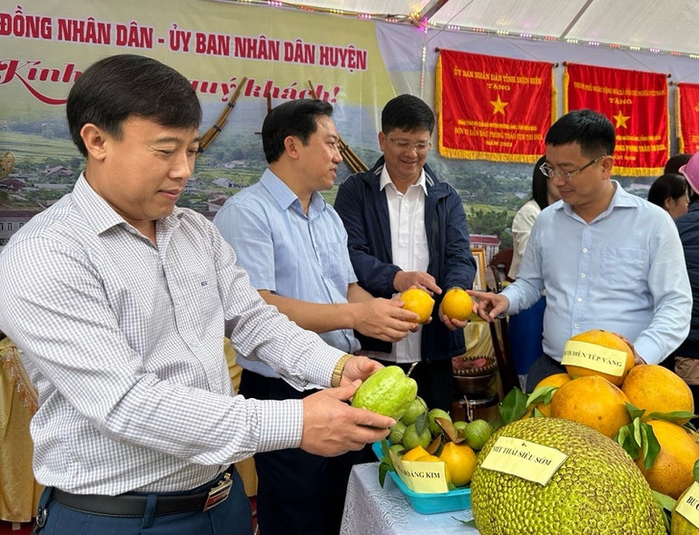 Đồng chí Tô Trọng Thiện (đầu tiên bên phải), Chủ tịch Ủy ban nhân dân huyện Mường Ảng tham quan gian trưng bày sản phẩm nông nghiệp tiêu biểu của xã Ẳng Nưa.