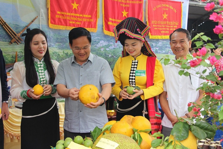 Các đồng chí lãnh đạo huyện tham quan các gian hàng giới thiệu sản phẩm nông nghiệp tiêu biểu của địa phương.