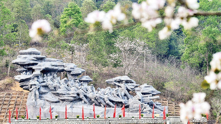 Hoa ban khoe sắc bên Cụm tượng đài kéo pháo tại xã Nà Nhạn, thành phố Điện Biên Phủ.