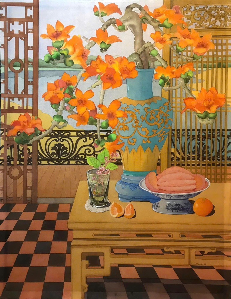 "Tháng Ba đã trở lại", mầu nước trên lụa, kích thước 70x90cm.