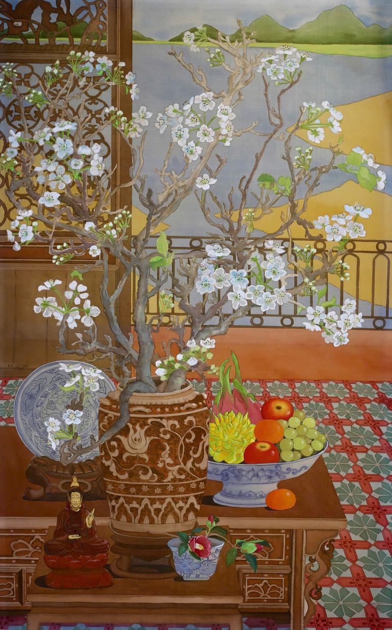 "Sắc thái Xuân 01" - một trong 5 tác phẩm trong Bộ tranh "Sắc thái Xuân, mầu nước trên lụa, kích thước 100x60cm.