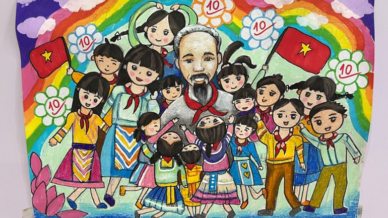 "Bác Hồ với thiếu nhi vùng cao", tranh của em Lầu Thị Thúy Liên, lớp 4A trường Tiểu học Hồng Sỹ.