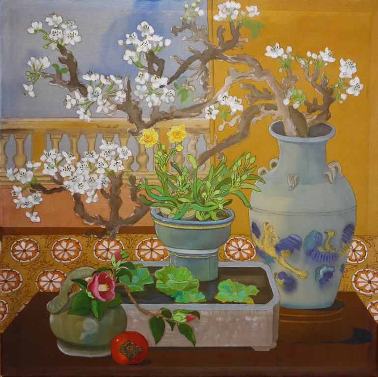 "Bến Xuân", mầu nước trên lụa, kích thước 50x50cm.