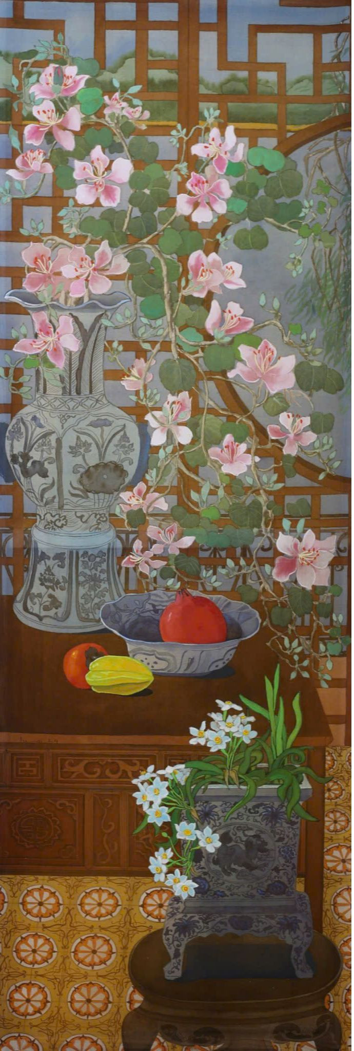 "Mùa hoa tháng Ba" thuộc Bộ tác phẩm "Hà Nội 12 mùa hoa", mầu nước trên lụa, kích thước 107x36,5cm.