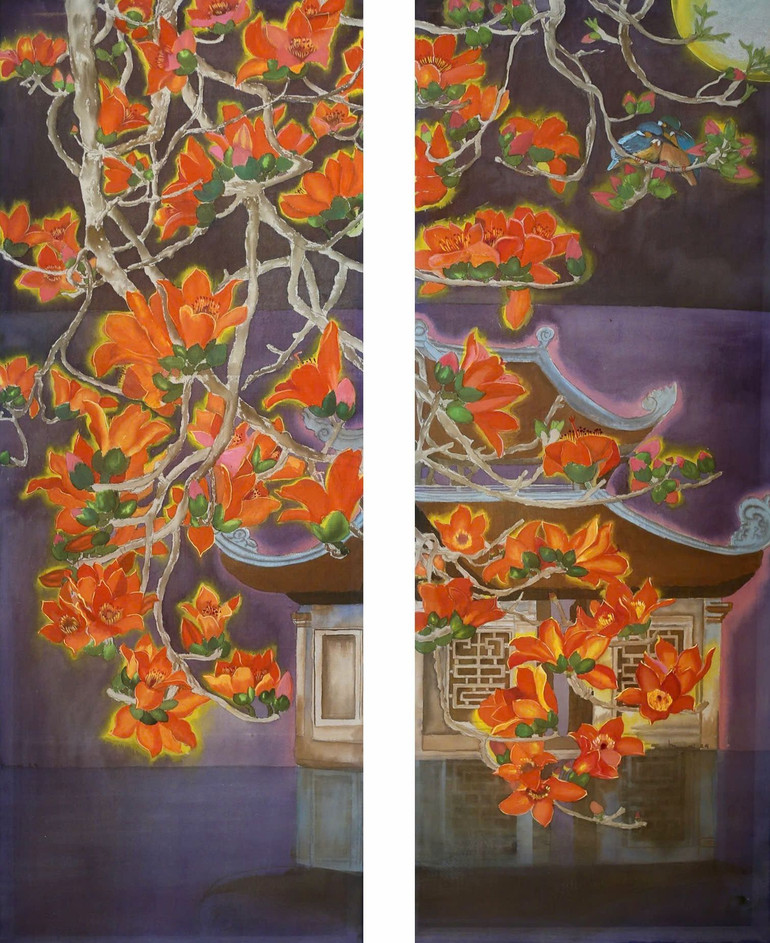 "Giấc mơ", mầu nước trên lụa, kích thước 80x30cm mỗi bức.