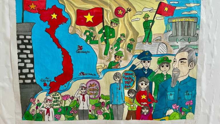 "Chúng cháu thực hiện tốt lời Bác dạy", tranh của em Hoàng Gia Hân, lớp 4C trường Tiểu học Nà Giàng.