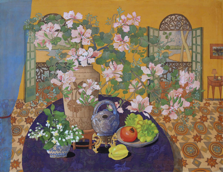 Tác phẩm "Hương rừng", mầu nước trên lụa, kích thước 70x90cm.