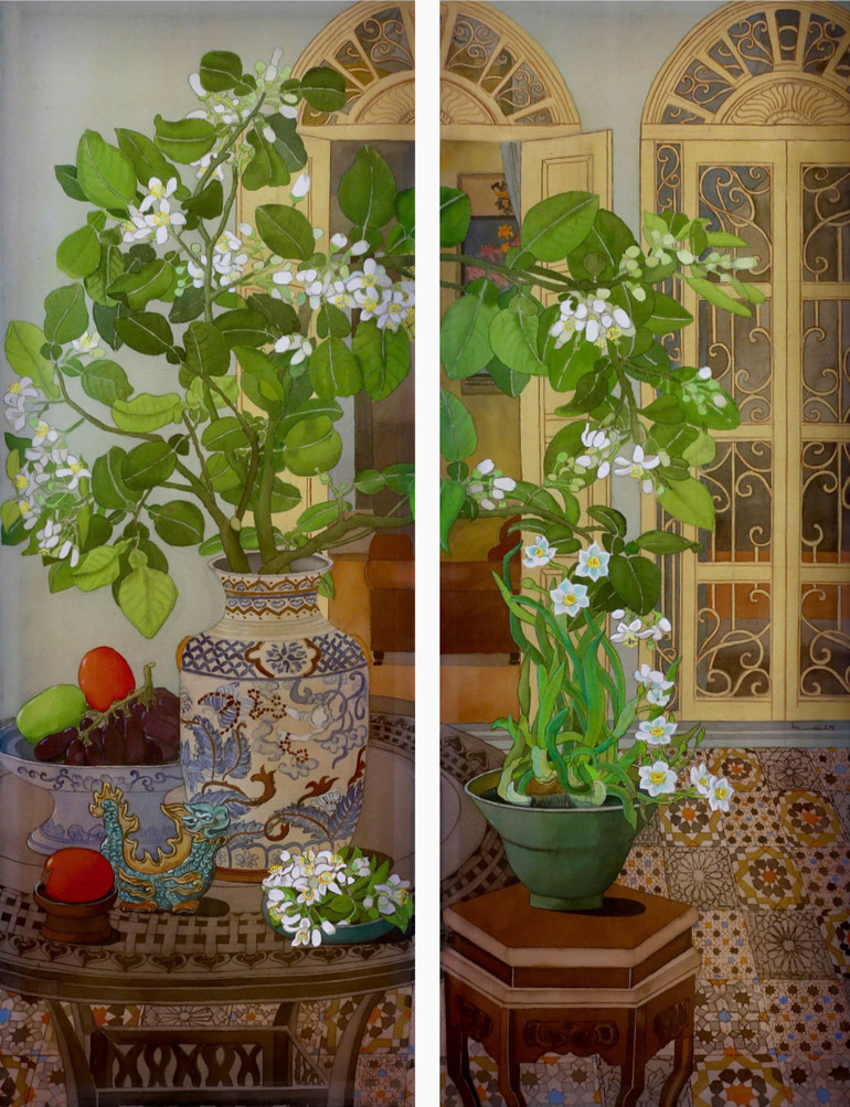 "Mùa hoa tháng Ba", mầu nước trên lụa, kích thước 90x40cm mỗi bức.