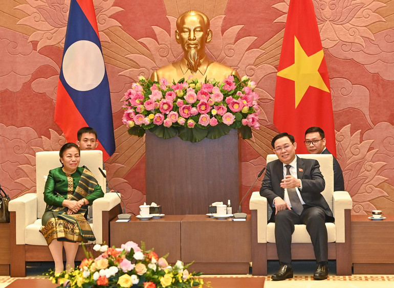 Chủ tịch Quốc hội Vương Đình Huệ phát biểu tại buổi tiếp Phó Chủ tịch Quốc hội Lào Sounthon Xayachak. Ảnh: DUY LINH