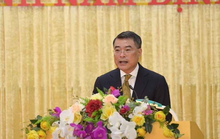 Đồng chí Trưởng Ban Tổ chức Trung ương Lê Minh Hưng phát biểu bày tỏ tin tưởng đồng chí tân Bí thư Tỉnh ủy Nam Định Đặng Khánh Toàn sẽ hoàn thành xuất sắc nhiệm vụ trên cương vị công tác mới.