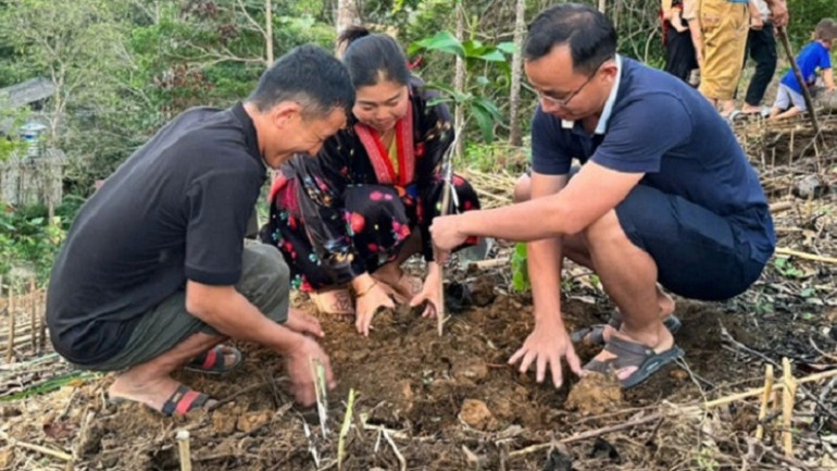 Cán bộ, nông dân huyện Nậm Pồ trồng cây ở khu vực đập đầu mối để giữ gìn nguồn nước cho các công trình cấp nước sinh hoạt tập trung.