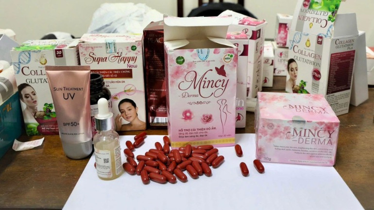 Một số thực phẩm chức năng, mỹ phẩm của Công ty NTA. (Ảnh: Công an tỉnh Nam Định cung cấp)