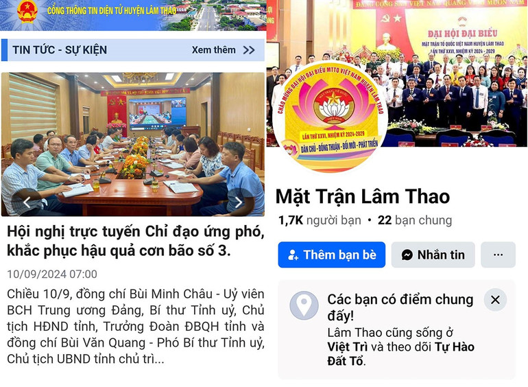 Hình ảnh giao diện Cổng Thông tin điện tử huyện Lâm Thao và Fanpage chính thống của Mặt trận Lâm Thao.