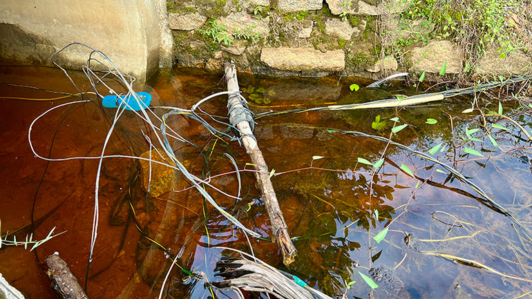 Cột điện bằng cây gỗ gãy vẫn chưa thay thế để dây điện nằm luôn dưới mặt nước.