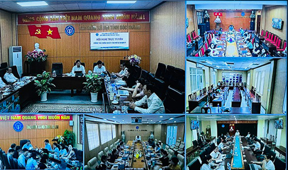 Bảo hiểm xã hội các địa phương tham dự hội nghị theo hình thức trực tuyến. (Ảnh: VSS)