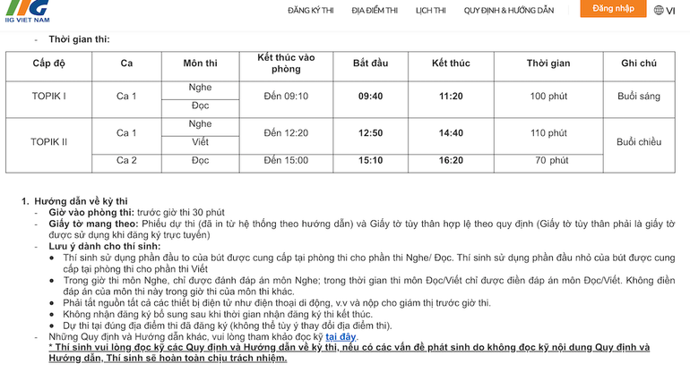 Thông báo trên trang chính thức của đơn vị tổ chức thi nêu rõ giờ vào phòng thi cần trước 30 phút.