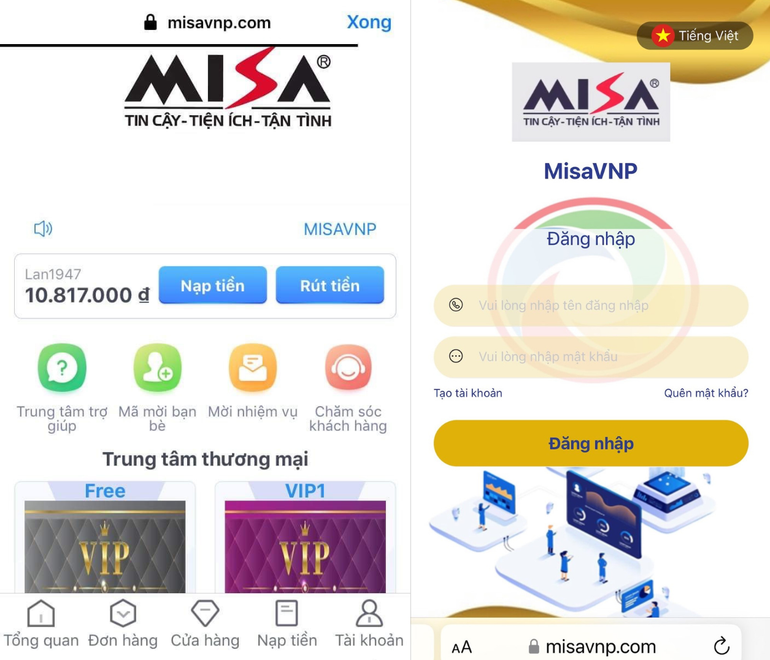 Hình ảnh website giả mạo MISA yêu cầu khách hàng nạp tiền lên hệ thống nhằm lừa đảo chiếm đoạt tài sản.
