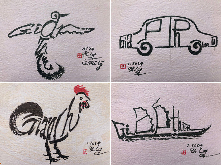 Thư pháp chữ Giáp Thìn hình con chim, ô-tô, con gà, thuyền.