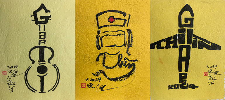 Thư pháp chữ Giáp Thìn hình đàn guitar, bác sĩ, máy bay.