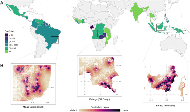 Mô tả trực quan về nạn phá rừng gián tiếp do khai thác công nghiệp trên 26 quốc gia. Kết quả cho thấy càng gần địa điểm khai thác, tỷ lệ phá rừng do khai thác mỏ càng cao. Nguồn PNAS.