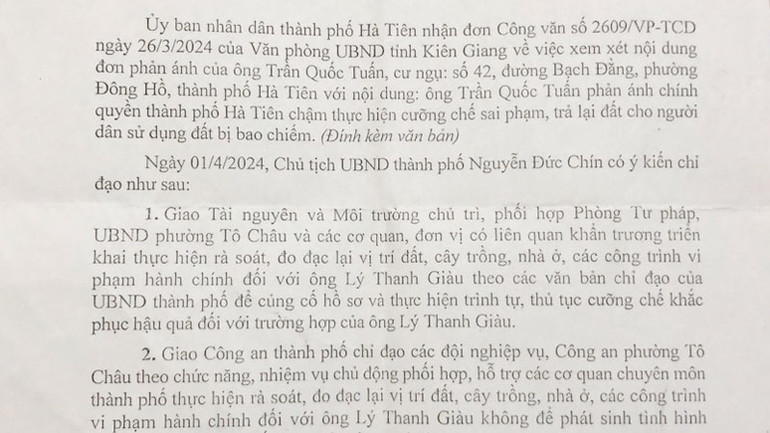 Văn bản chỉ đạo của Chủ tịch Ủy ban nhân dân thành phố Hà Tiên.