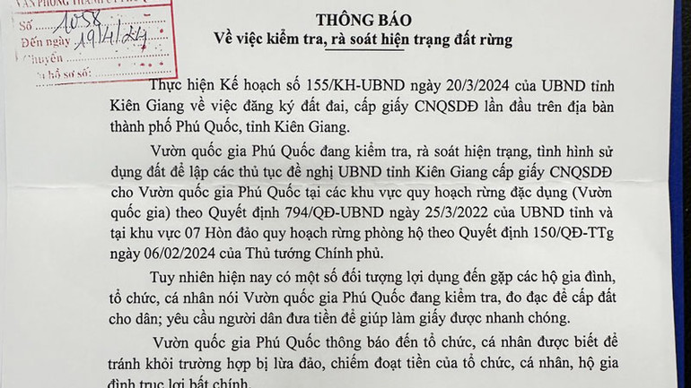 Thông báo của Vườn quốc gia Phú Quốc.