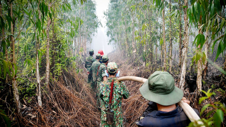 Lực lượng quân đội, công an tham gia chữa cháy. (Ảnh: PHƯƠNG VŨ)