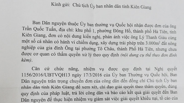 Công văn của Ban Dân nguyện thuộc Ủy ban Thường vụ Quốc hội gửi Chủ tịch Ủy ban nhân dân tỉnh Kiên Giang.