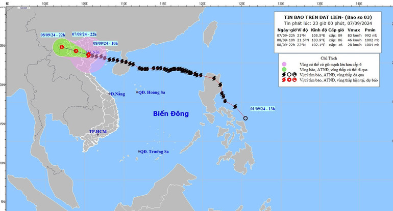 Bản đồ dự báo quỹ đạo và cường độ bão số 3 phát lúc 23 giờ ngày 7/9/2024. (Ảnh; NCHMF) Bản đồ dự báo quỹ đạo và cường độ bão số 3 phát lúc 23 giờ ngày 7/9/2024. (Ảnh; NCHMF)