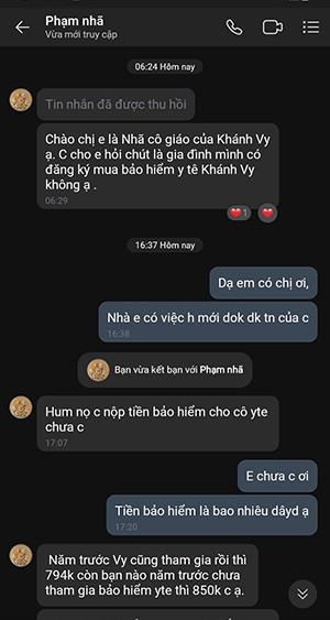 Tin nhắn trao đổi của đối tượng giả mạo cô giáo chủ nhiệm với phụ huynh học sinh ở Lai Châu. (Ảnh: Tâm Trung)