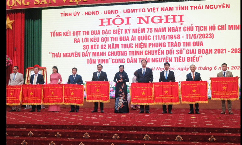 Đồng chí Nguyễn Thanh Hải, Ủy viên Trung ương Đảng, Bí thư Tỉnh ủy Thái Nguyên trao cờ thi đua của Chính phủ tặng 11 tập thể.