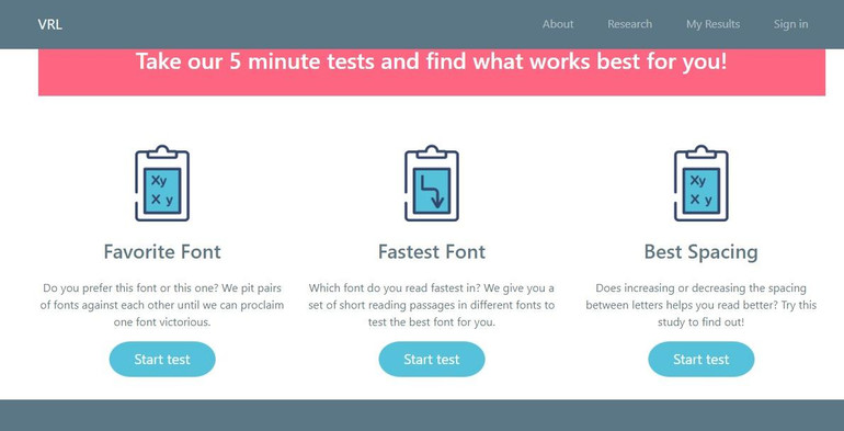 Giao diện Phòng thí nghiệm khả năng đọc ảo để người đọc tự tìm ra phông chữ phù hợp với mình.