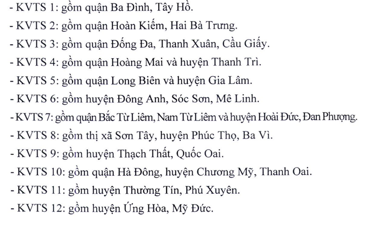 12 khu vực tuyển sinh vào lớp 10 năm học 2023-2024, theo địa giới hành chính quận, huyện, thị xã.