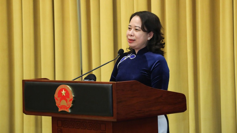 Phó Chủ tịch nước Võ Thị Ánh Xuân phát biểu tại buổi gặp mặt.