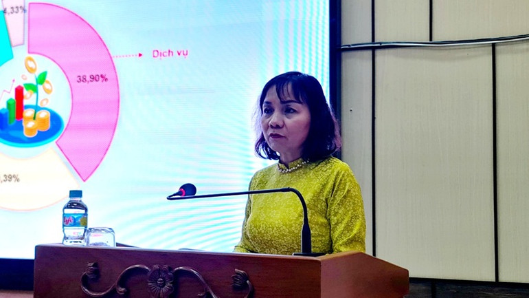 Bà Nguyễn Thị Mỹ, Cục trưởng Thống kê Bình Định phát biểu tại buổi họp báo.