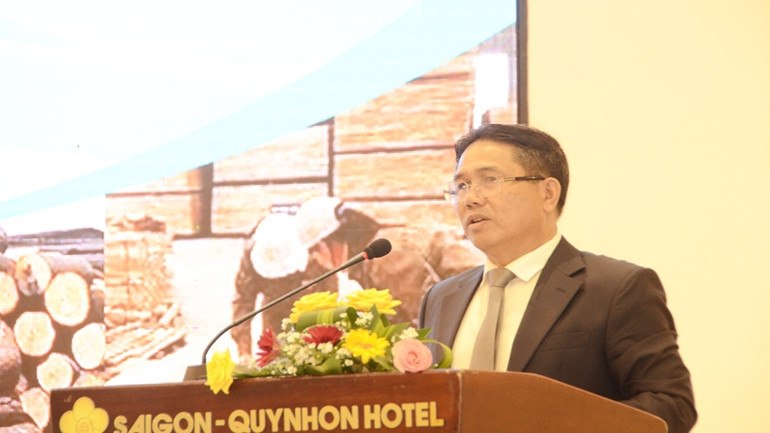 Ông Lê Minh Thiện, Chủ tịch Hiệp hội Gỗ và Lâm sản Bình Định phát biểu tại hội nghị.