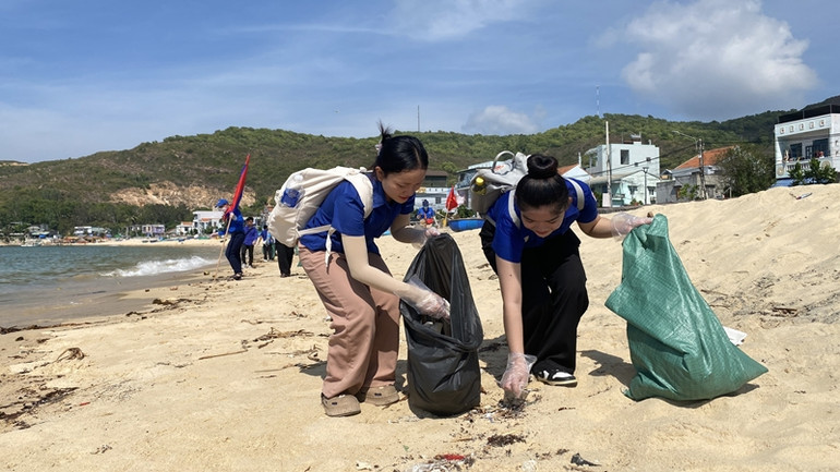 Thanh niên tình nguyện làm sạch bãi biển Nhơn Hải (thành phố Quy Nhơn).