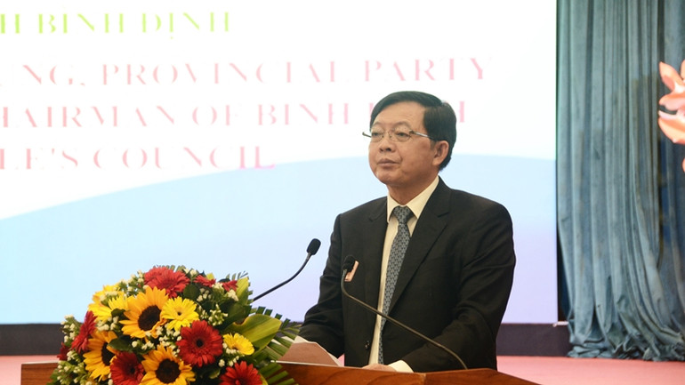 Đồng chí Hồ Quốc Dũng, Bí thư Tỉnh ủy Bình Định phát biểu tại hội nghị.