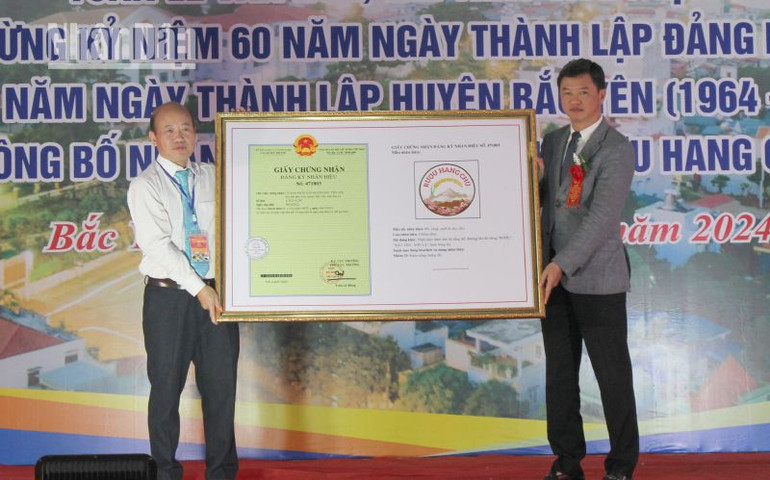 Trong dịp này, Cục Sở hữu trí tuệ đã trao Giấy chứng nhận đăng ký nhãn hiệu cho sản phẩm rượu Hang Chú, huyện Bắc Yên.
