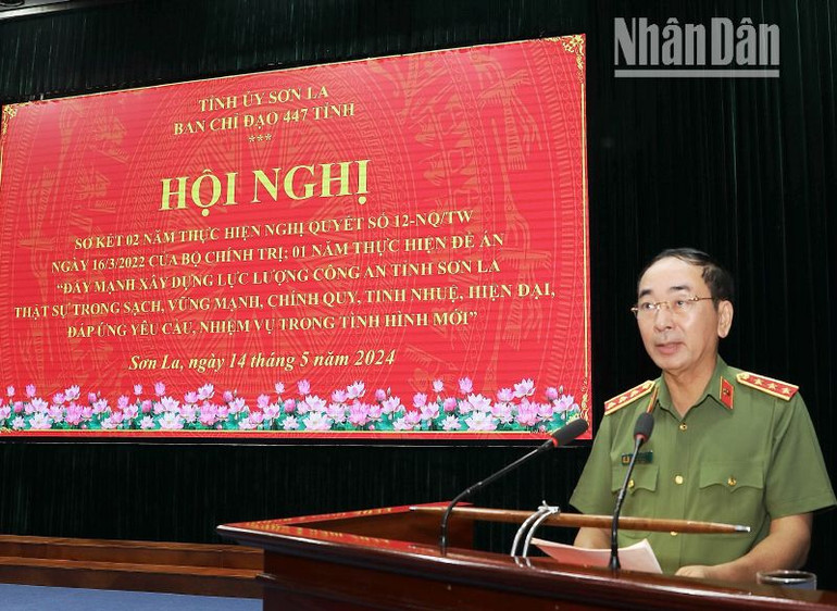 Thượng tướng Trần Quốc Tỏ, Ủy viên Trung ương Đảng, Phó Bí thư Đảng ủy Công an Trung ương, Thứ trưởng Công an phát biểu tại hội nghị.